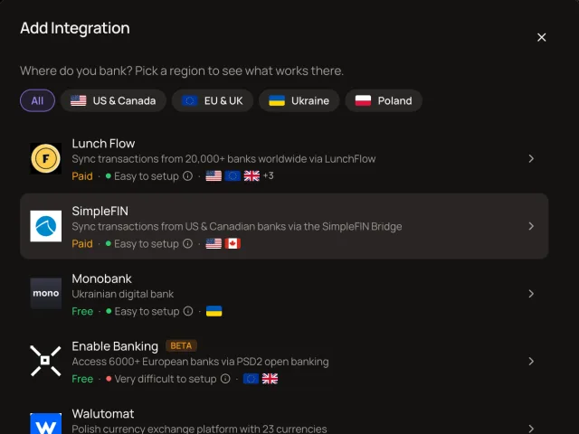 Bank provider picker listing LunchFlow, SimpleFIN, Monobank, and Enable Banking